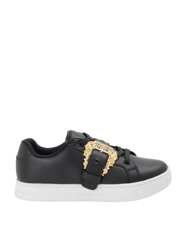 Black Leather Sneakers with Gold Buckle Detail