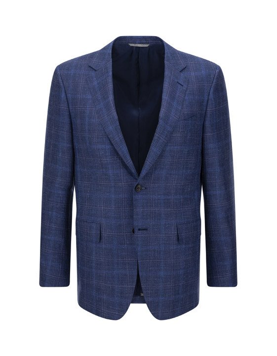 Blue Wool Silk Linen Check Blazer