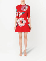 Red Floral Flared Wool Dress