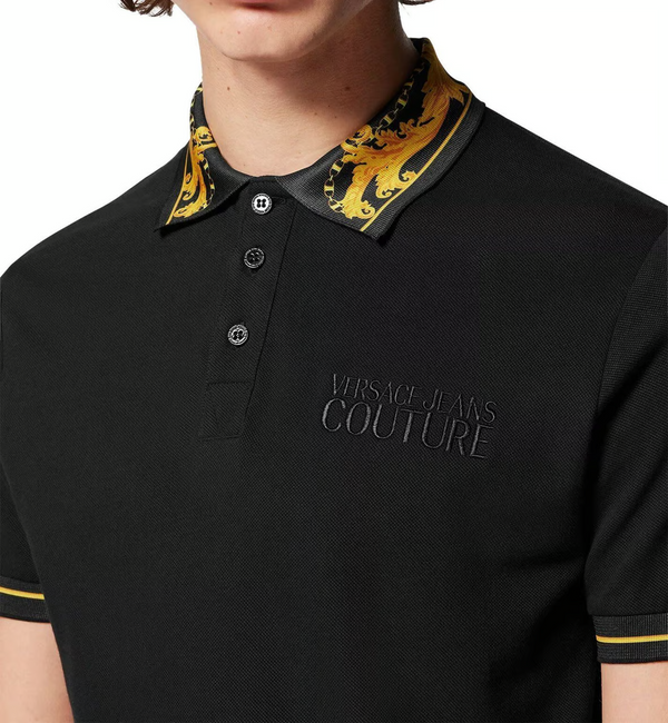 Classic Black Polo with Couture Print Collar