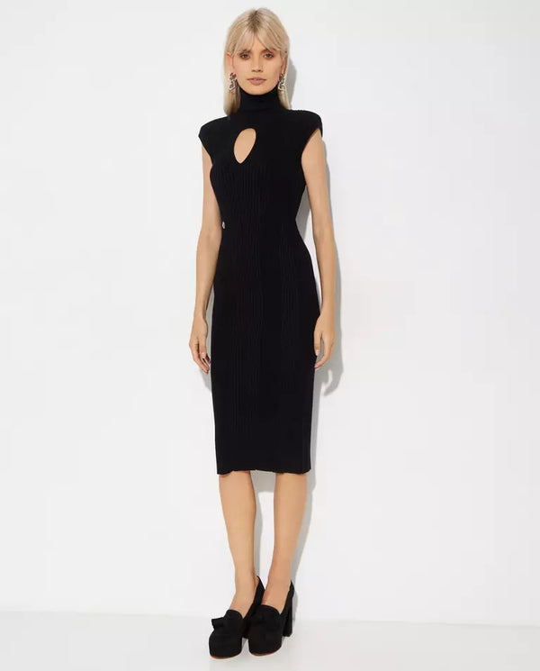 Black Padded Shoulder Knit Midi Dress