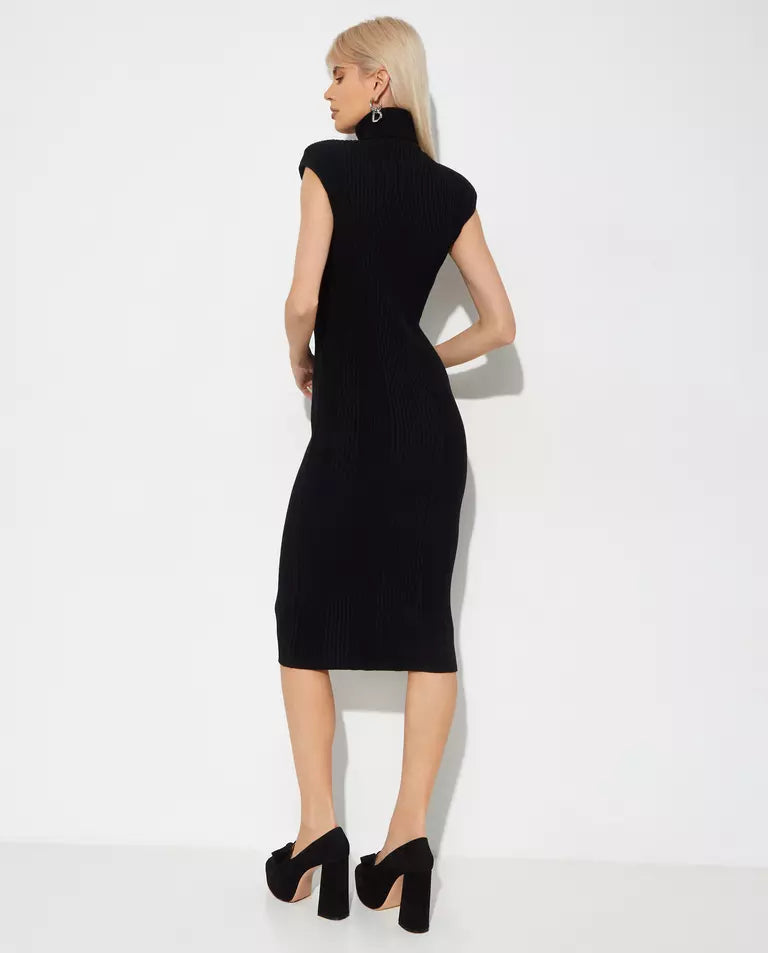 Black Padded Shoulder Knit Midi Dress