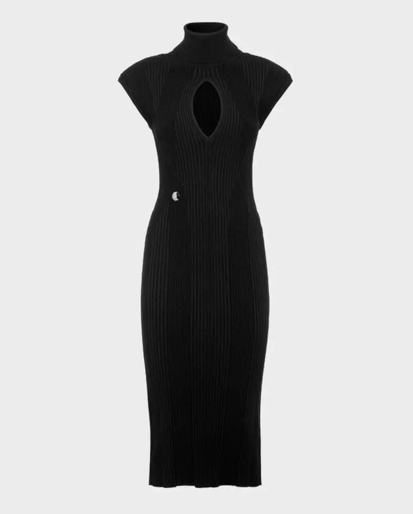 Black Padded Shoulder Knit Midi Dress