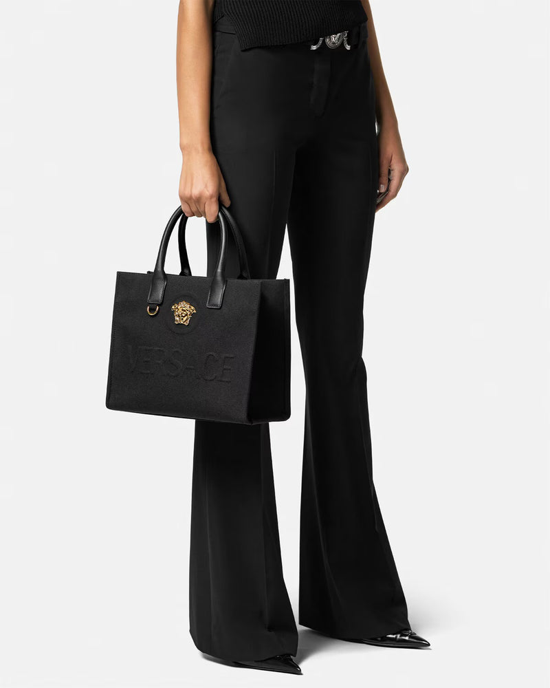 La Medusa Embossed Small Tote Bag in Black