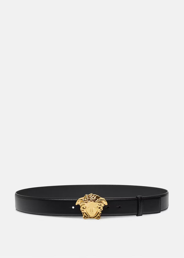 Black Leather Belt with Gold Medusa Buckle