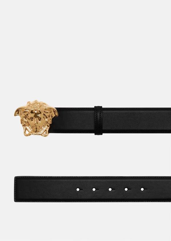 Black Leather Belt with Gold Medusa Buckle