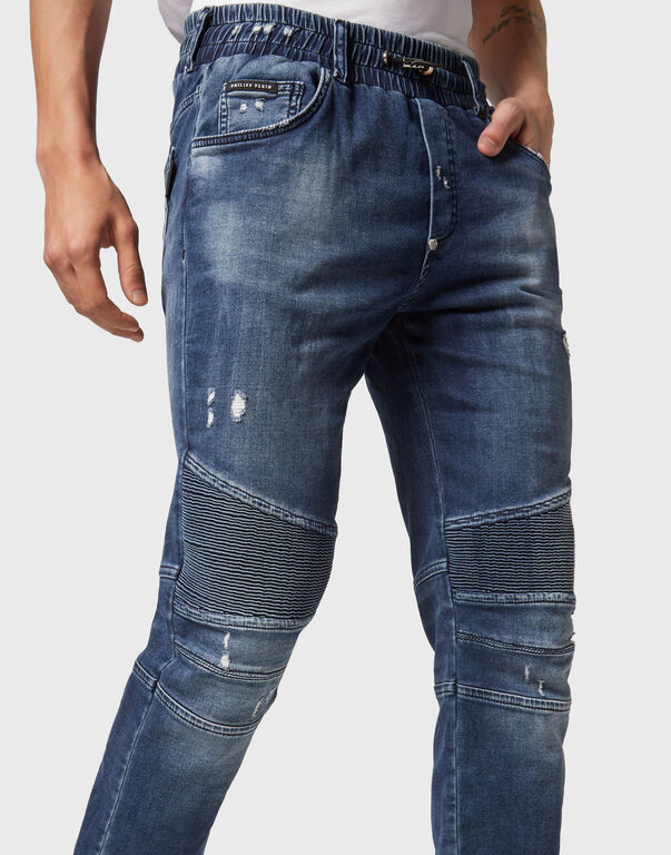 Blue Distressed Denim Jogging Trousers