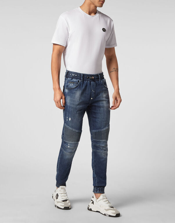 Blue Distressed Denim Jogging Trousers