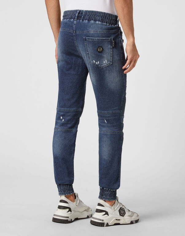 Blue Distressed Denim Jogging Trousers