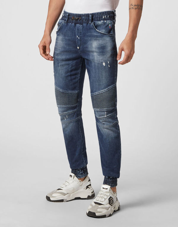 Blue Distressed Denim Jogging Trousers