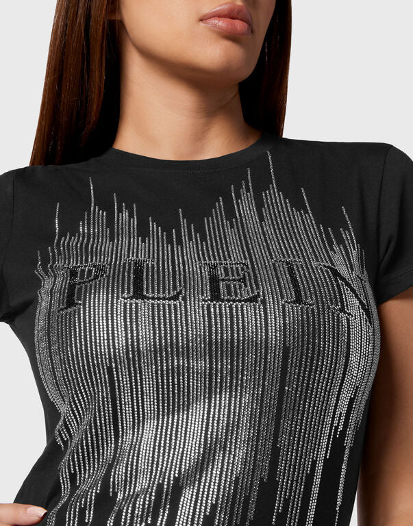 Black Round Neck Rhinestone T-Shirt