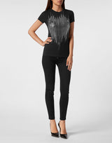 Black Round Neck Rhinestone T-Shirt