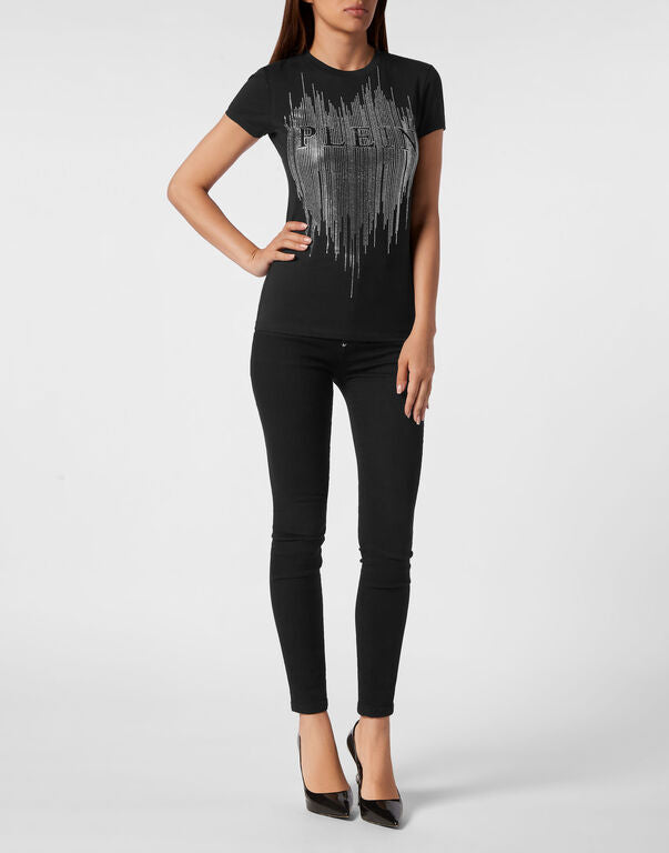 Black Round Neck Rhinestone T-Shirt