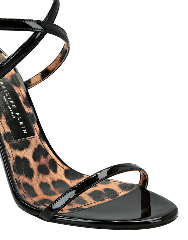 Skull Heel Leopard Sandals in Black