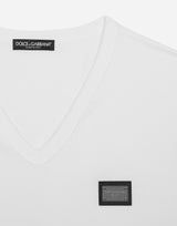 Cotton V-Neck T-Shirt with Logo Patch