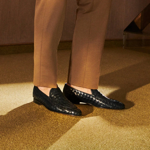 Woven Leather Loafer in Navy Blue