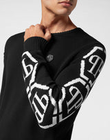 Black Crewneck Hexagon Knit