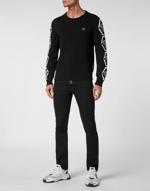 Black Crewneck Hexagon Knit