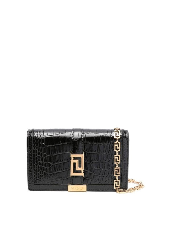 Croc-Effect Greca Goddess Leather Bag in Black