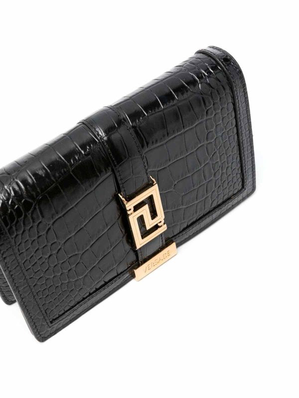 Croc-Effect Greca Goddess Leather Bag in Black