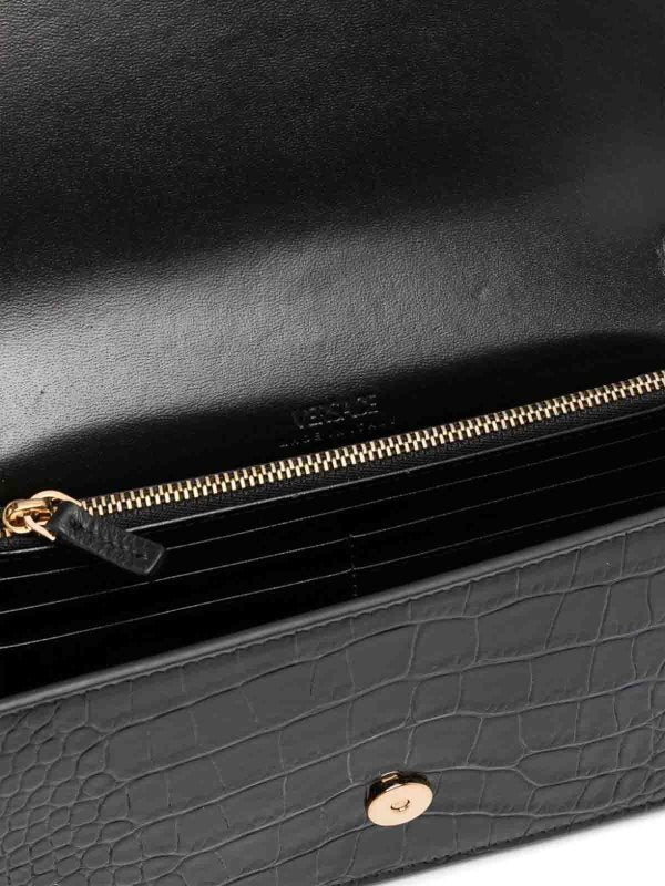 Croc-Effect Greca Goddess Leather Bag in Black