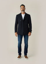 Doubled Breasted Wool Blend Overcoat in Navy