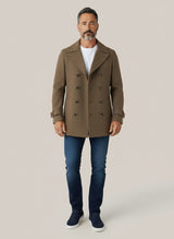 Doubled Breasted Wool Blend Overcoat in Brown