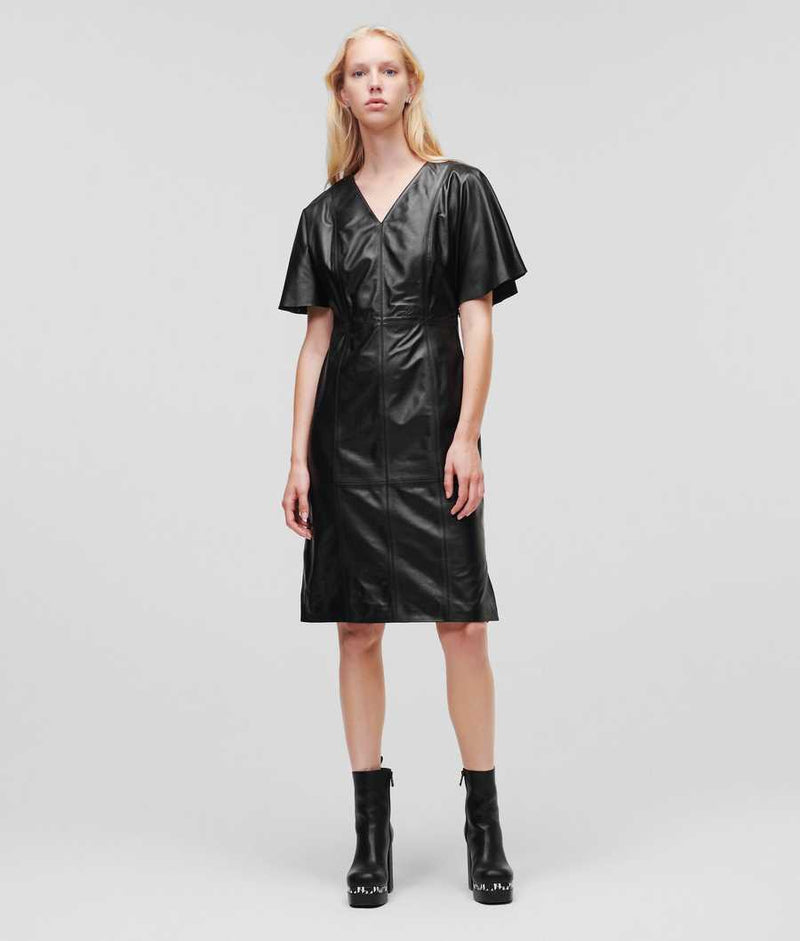 Black V-Neck Leather Dress
