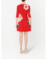 Red Floral Flared Wool Dress