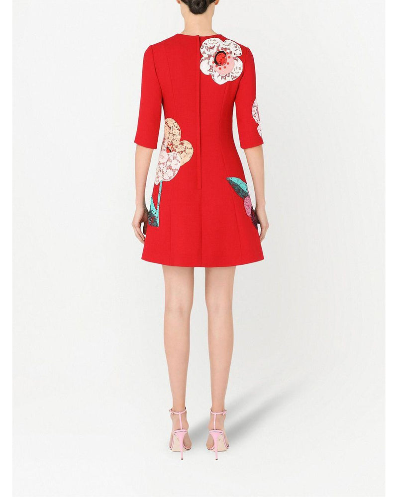 Red Floral Flared Wool Dress