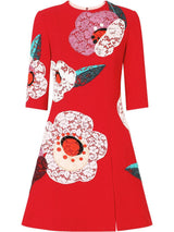 Red Floral Flared Wool Dress