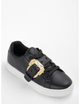 Black Leather Sneakers with Gold Buckle Detail