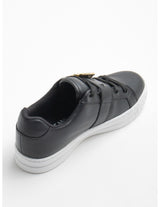 Black Leather Sneakers with Gold Buckle Detail