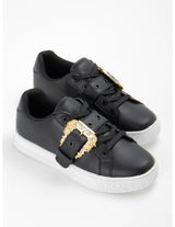 Black Leather Sneakers with Gold Buckle Detail