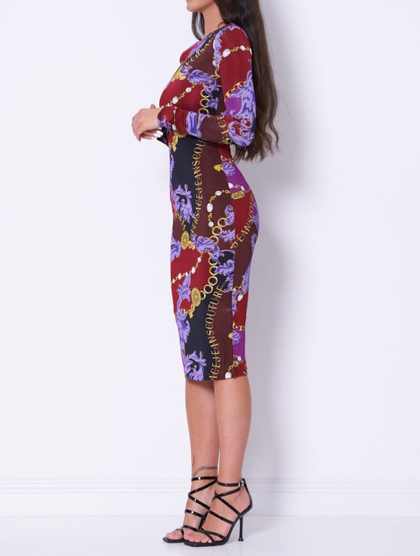 Chain Couture Patterned Midi Dress