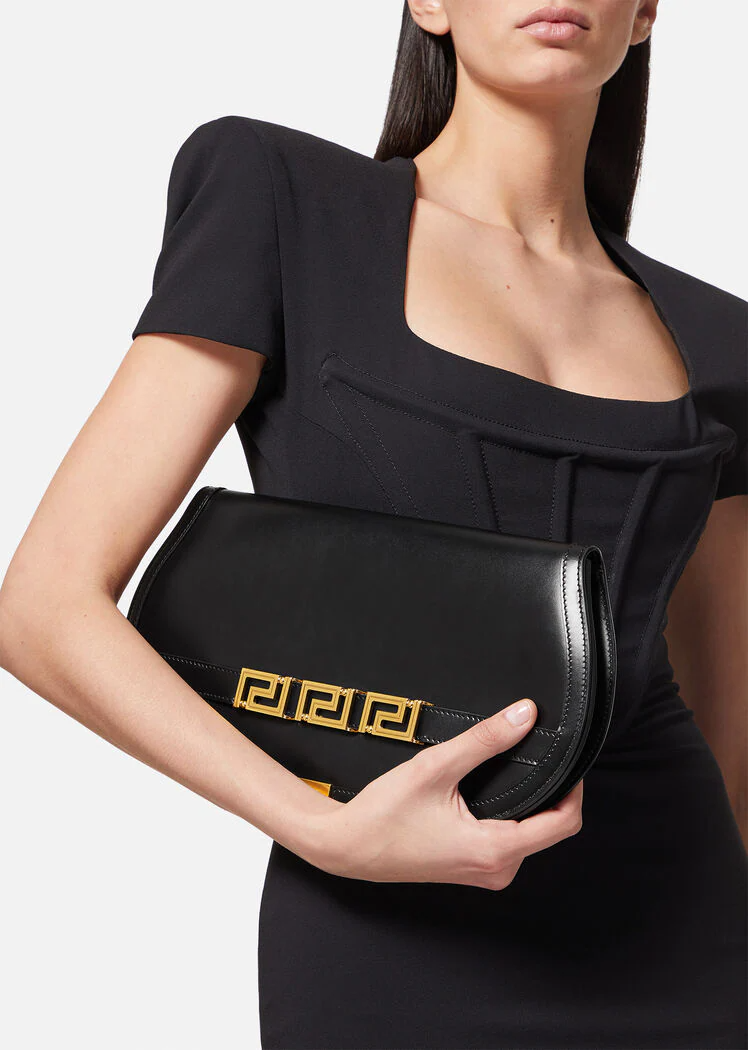 Greca Goddess Black Leather Clutch