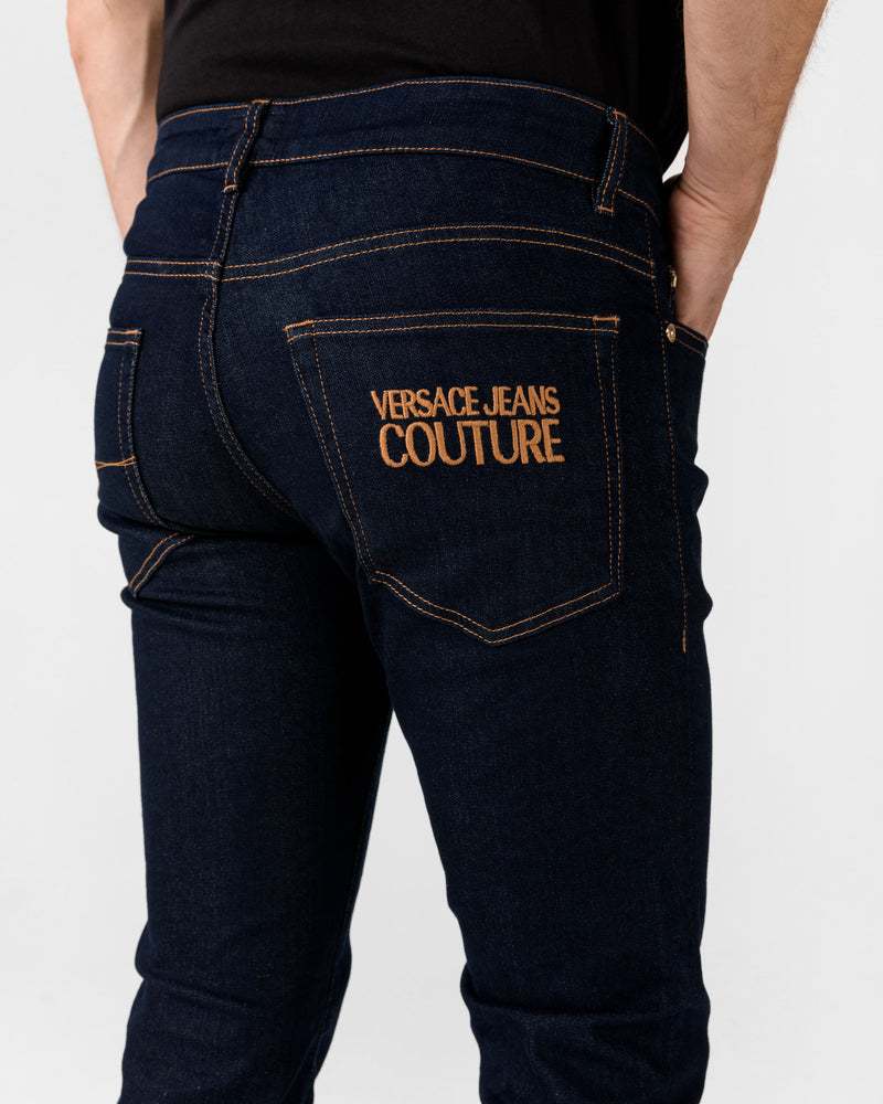 Navy Stretch Jean with Gold Logo