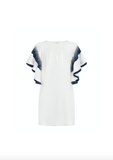 White Silk Ruffled Sleeve Dress with Navy Detailing