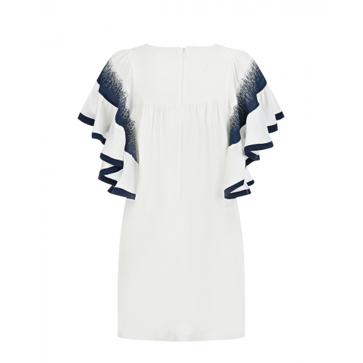 White Silk Ruffled Sleeve Dress with Navy Detailing