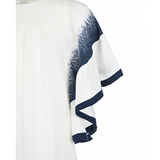 White Silk Ruffled Sleeve Dress with Navy Detailing