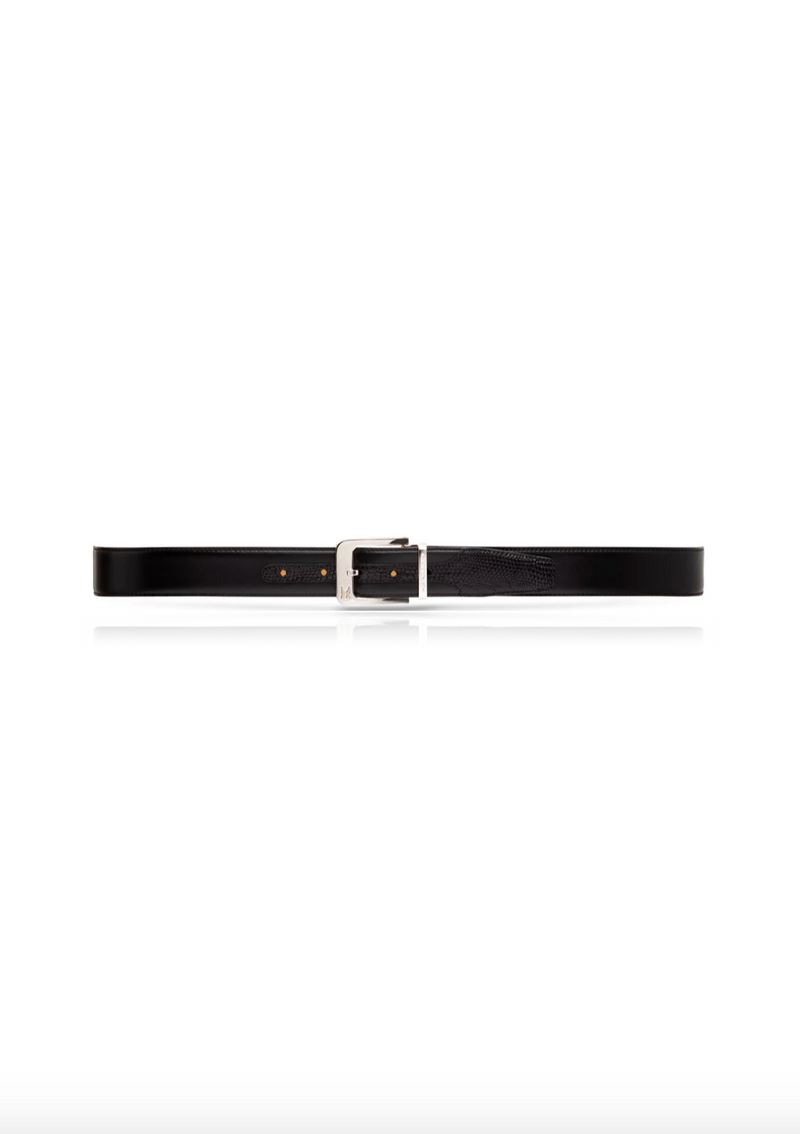 Fine Lizard Skin & Calf Leather Belt in Black - Size Adjustable