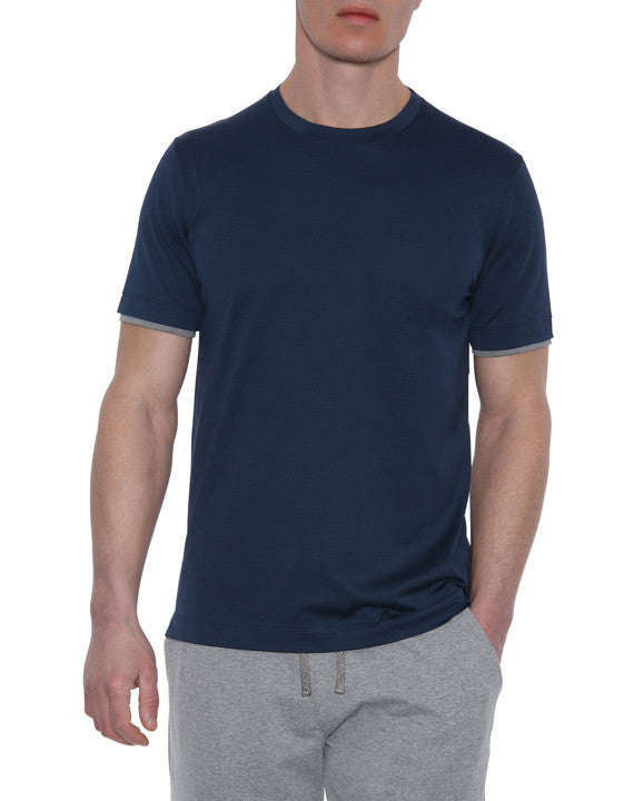 Navy Crew Neck T-Shirt with Sleeve Detail