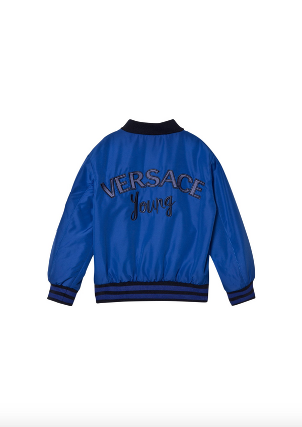 Blue and Black Bomber Jacket with Embroidered Logo