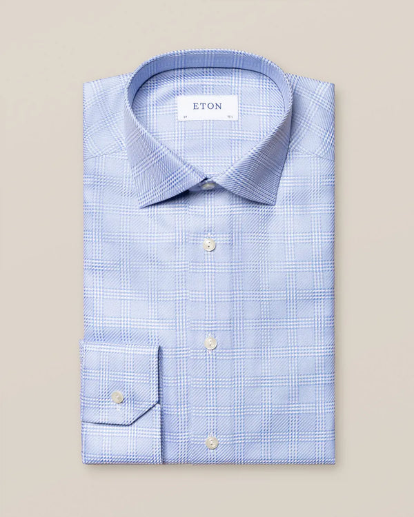 Mid Blue Checked King Twill Shirt Contemporary Fit